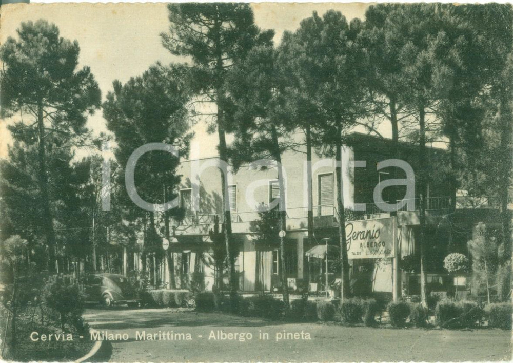 Cartolina originale da collezione 1952 CERVIA RA Albergo GERANIO in pineta a MILANO MARITTIMA Cartolina FG VG 1
