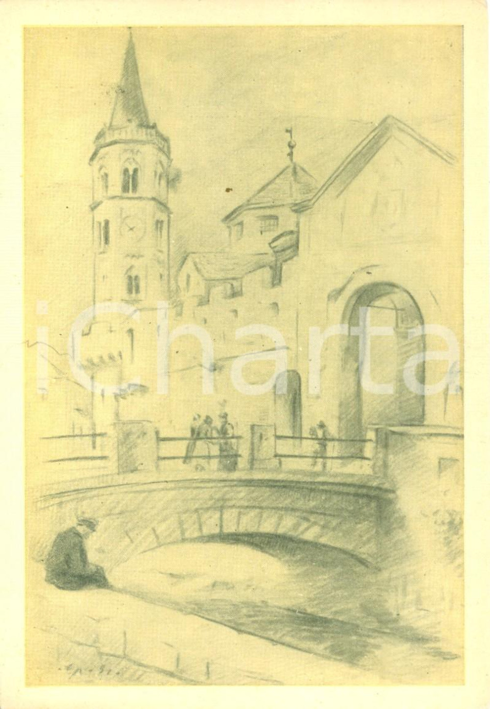 Cartolina originale da collezione 1950 ca FINALE LIGURE Campanile di SAN BIAGIO a FINALBORGO Cartolina ILLUSTRATA 1