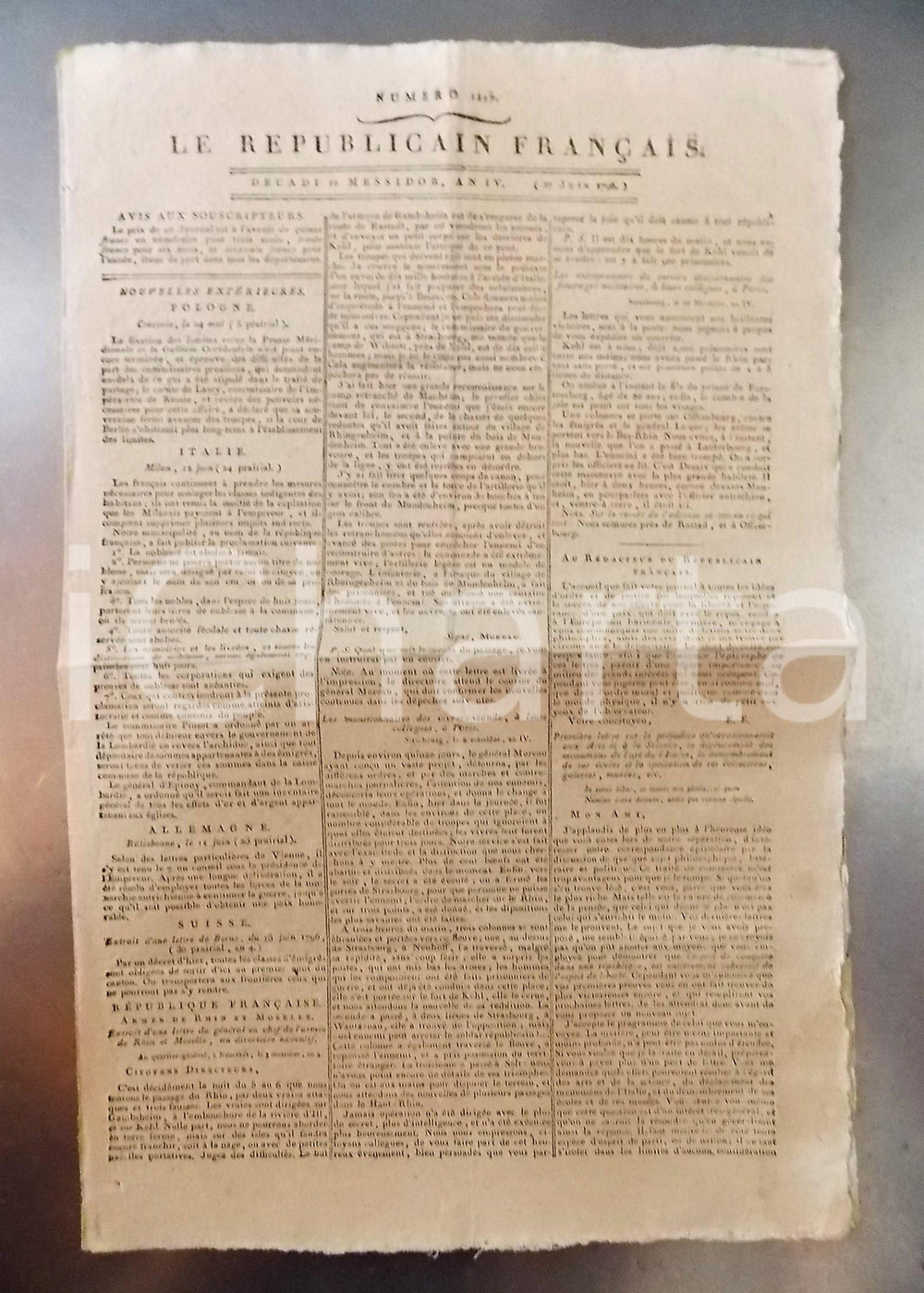 Giornale, rivista storica 1796 LE REPUBLICAIN FRANCAIS Gazette REVOLUTION n° 1297 Armée RHIN et MOSELLE 1