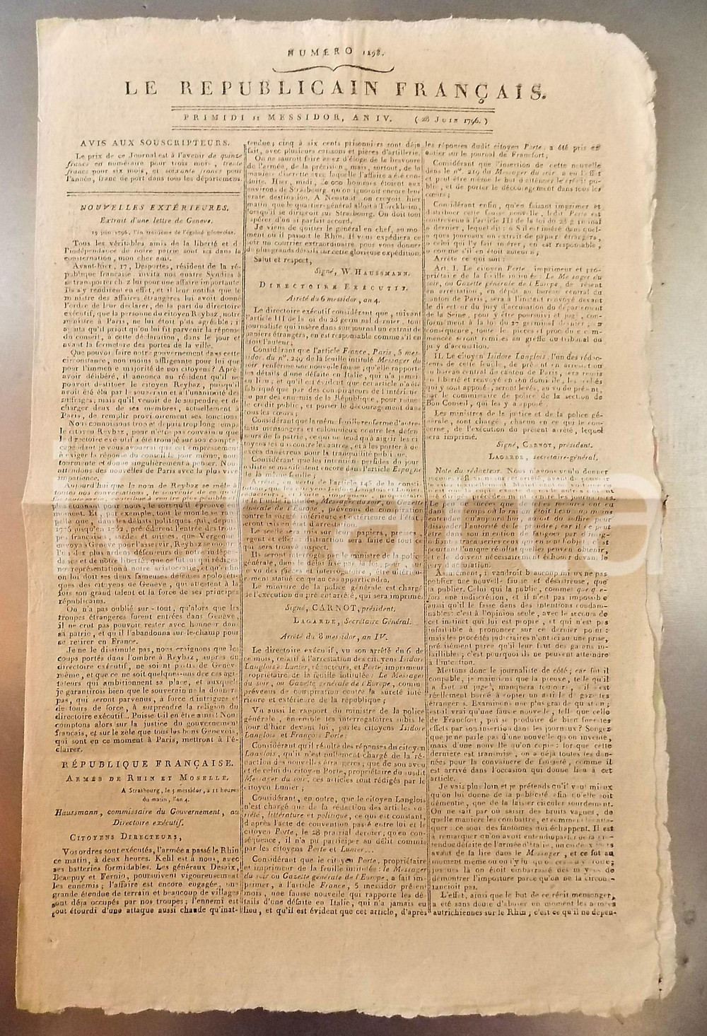 Giornale, rivista storica 1796 LE REPUBLICAIN FRANCAIS Gazette REVOLUTION nÂ° 1298 ArmÃ©e RHIN et MOSELLE 1
