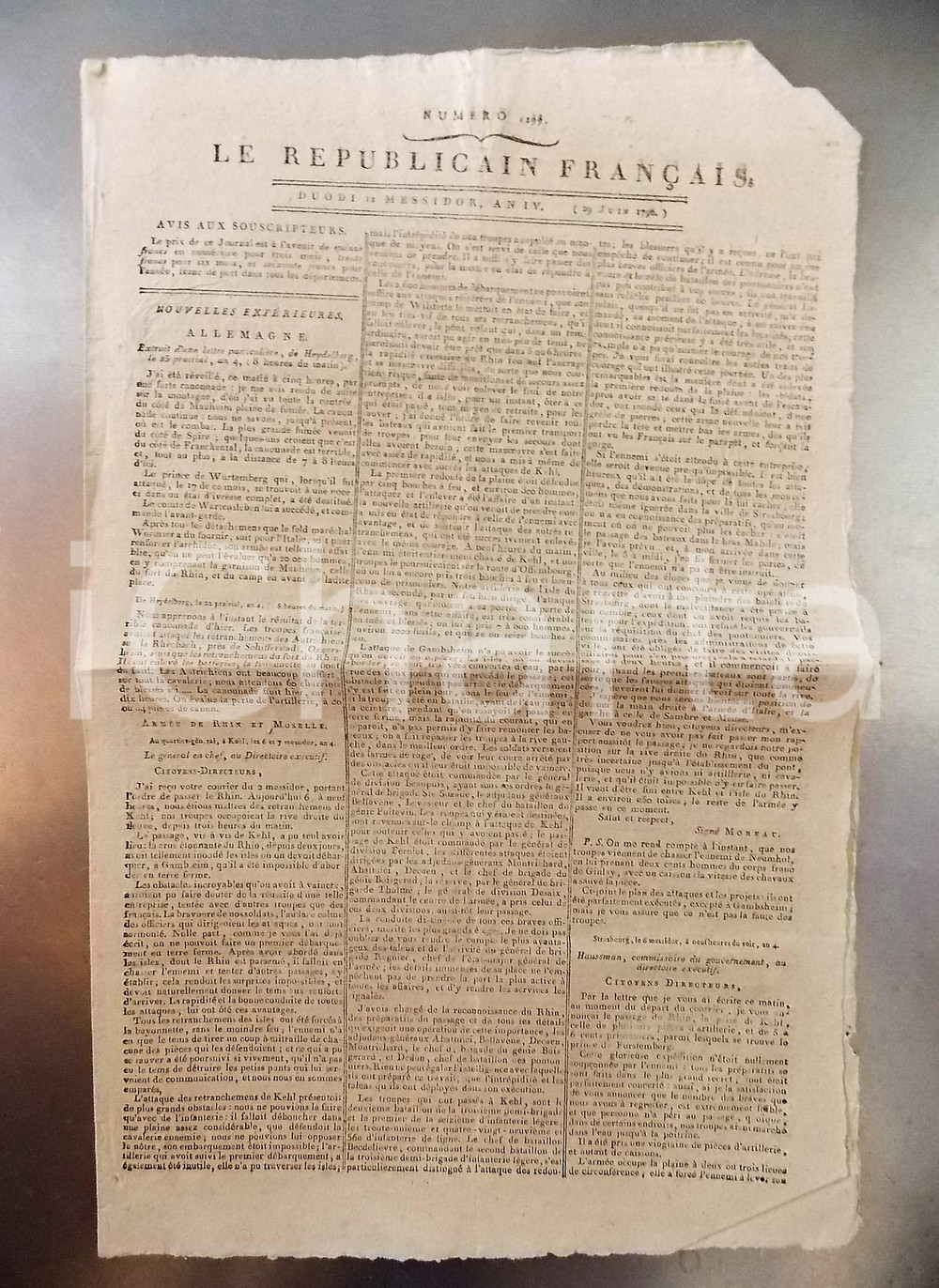 Giornale, rivista storica 1796 LE REPUBLICAIN FRANCAIS Gazette REVOLUTION nÂ° 1299 ArmÃ©e RHIN et MOSELLE 1