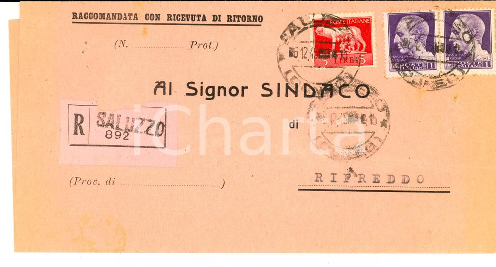 Cartolina originale da collezione 1945 STORIA POSTALE LUOGOTENENZA Raccomandata Lire 5 + Lire 1 imperiale fasci 1
