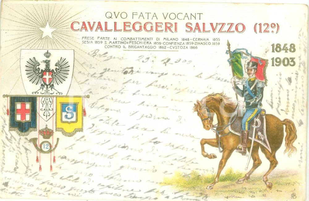 Cartolina originale da collezione 1910 12Â° CAVALLEGGERI SALUZZO Cartolina reggimentale ILLUSTRATA FP VG 1