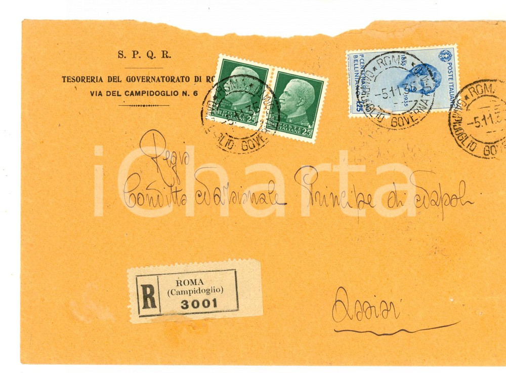 Documento originale, autentico 1935 STORIA POSTALE Busta Governatorato ROMA affrancata centenario belliniano 1