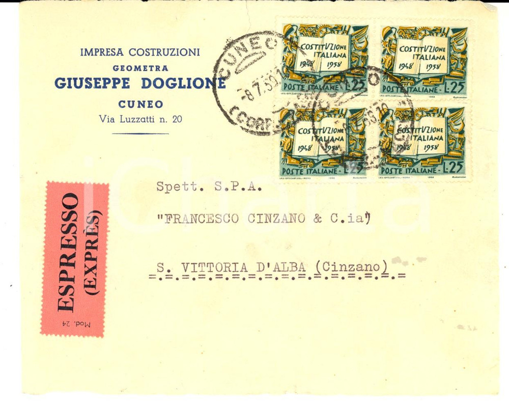 Materiale pubblicitario d’epoca 1958 CUNEO Impresa Giuseppe DOGLIONE  Busta con quartina Costituzione italiana 1