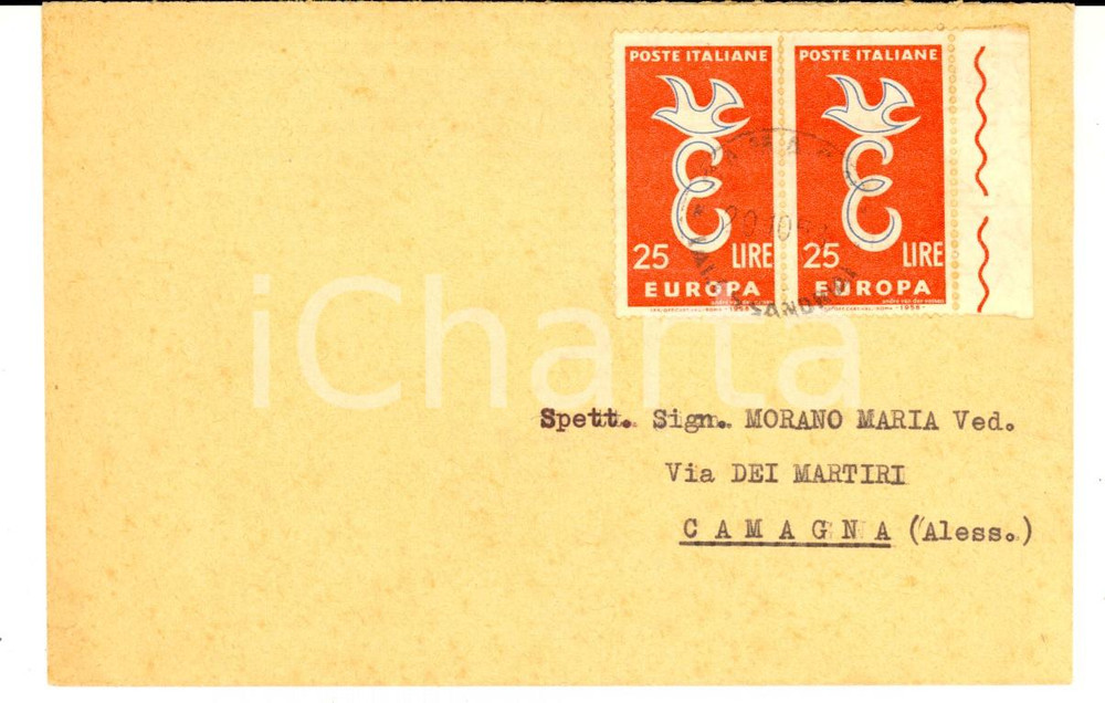 Materiale pubblicitario d’epoca 1958 STORIA POSTALE REPUBBLICA Busta con 2 pezzi L. 25 EUROPA 1