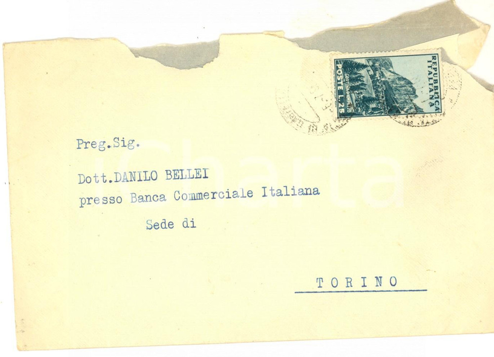 Materiale pubblicitario d’epoca 1955 CITTA  DI CASTELLO Cassa di Risparmio  Busta affrancata CORTINA DÂ´AMPEZZO 1