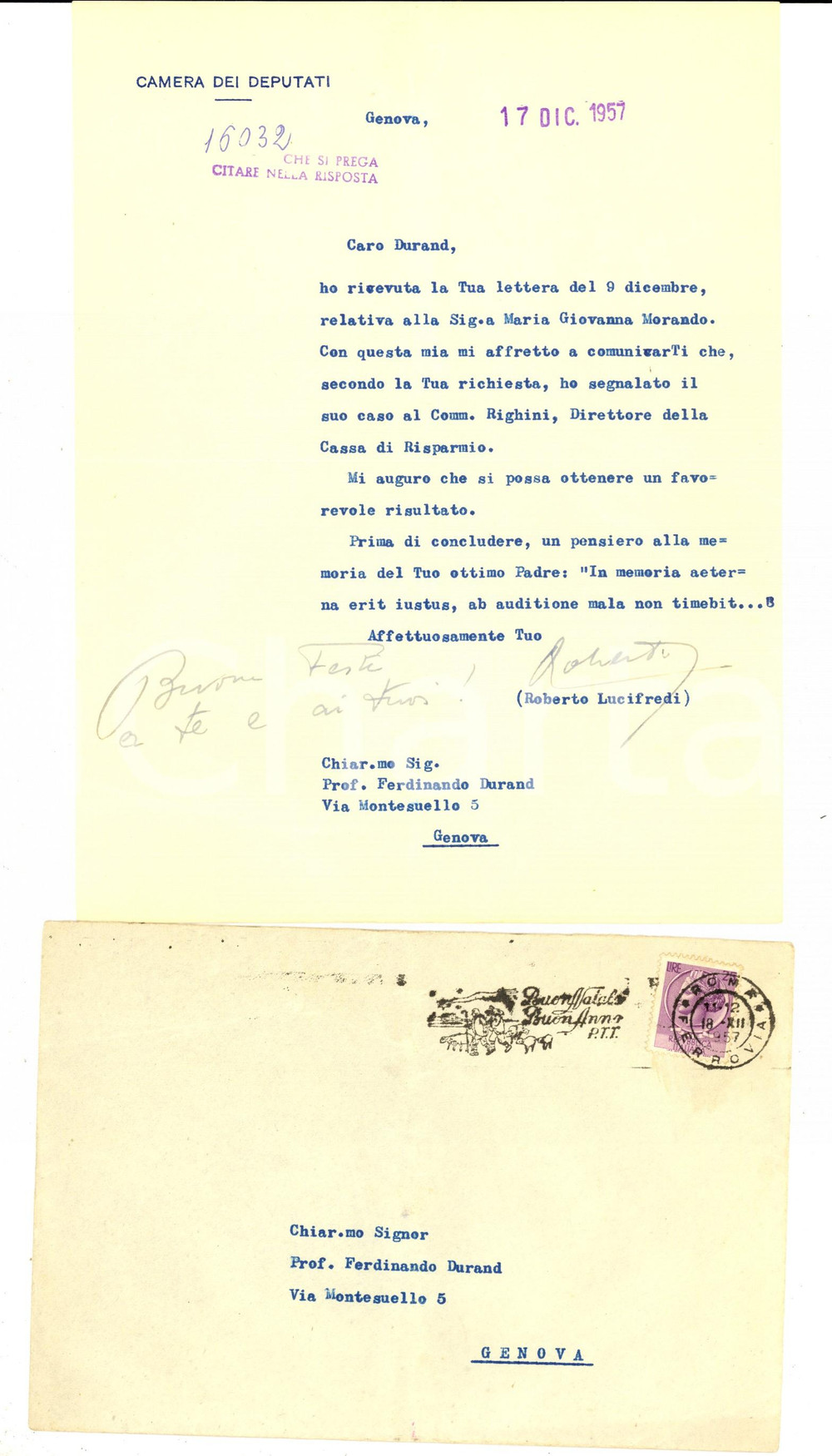 Autografo originale 1957 ROMA Roberto LUCIFREDI segnala caso al direttore della Cassa di Risparmio 1