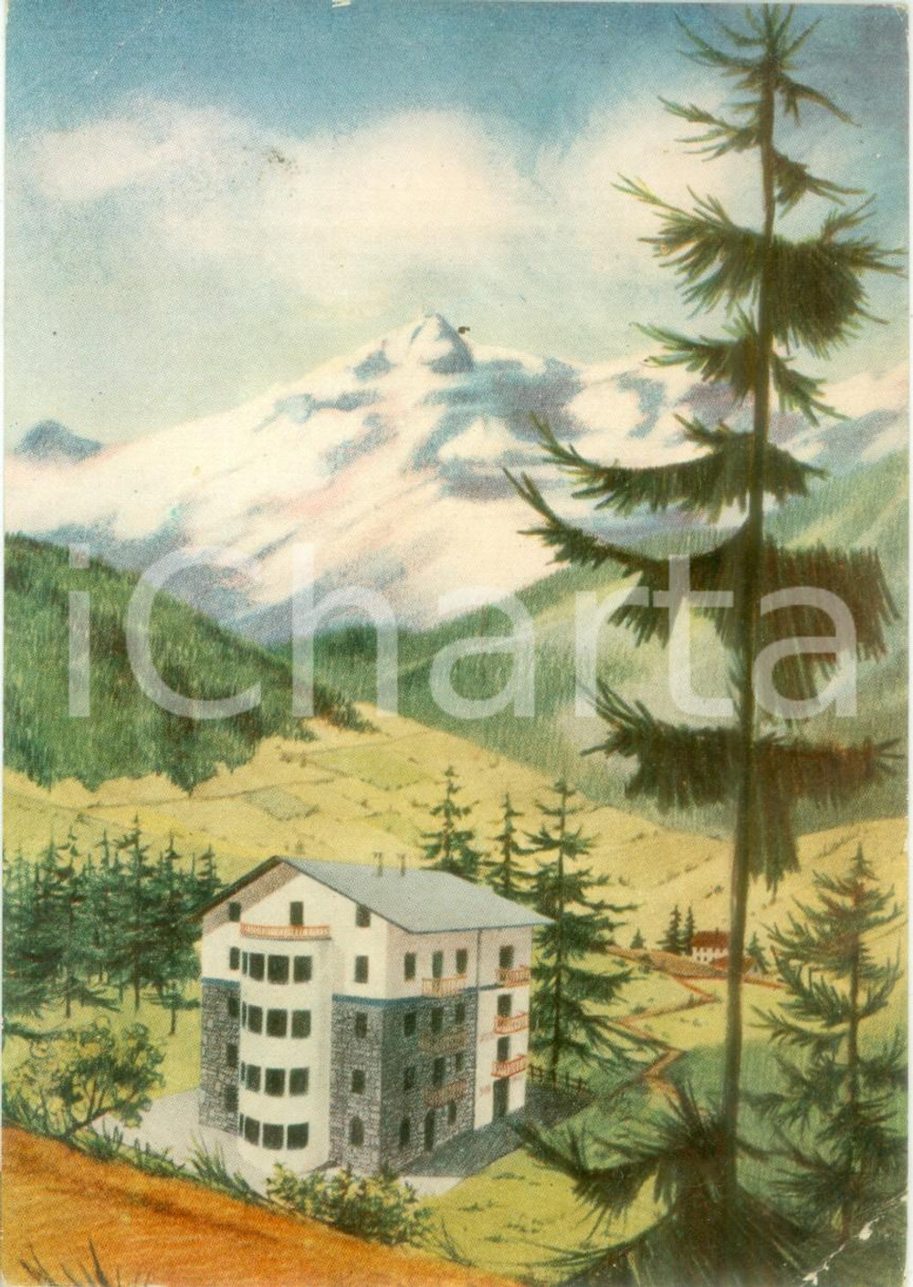 Cartolina originale da collezione 1960 ca VALTOURNANCHE AO Hotel MONTANA con tavernetta Cartolina ILLUSTRATA FG 1