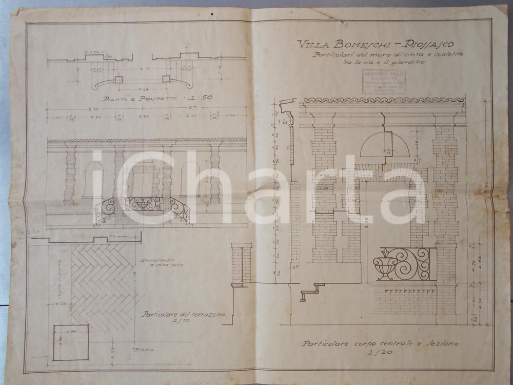 Stampa, bozzetto originale 1928 PIOSSASCO VILLA BONESCHI Muro di cinta giardino Progetto Armando MELIS 1