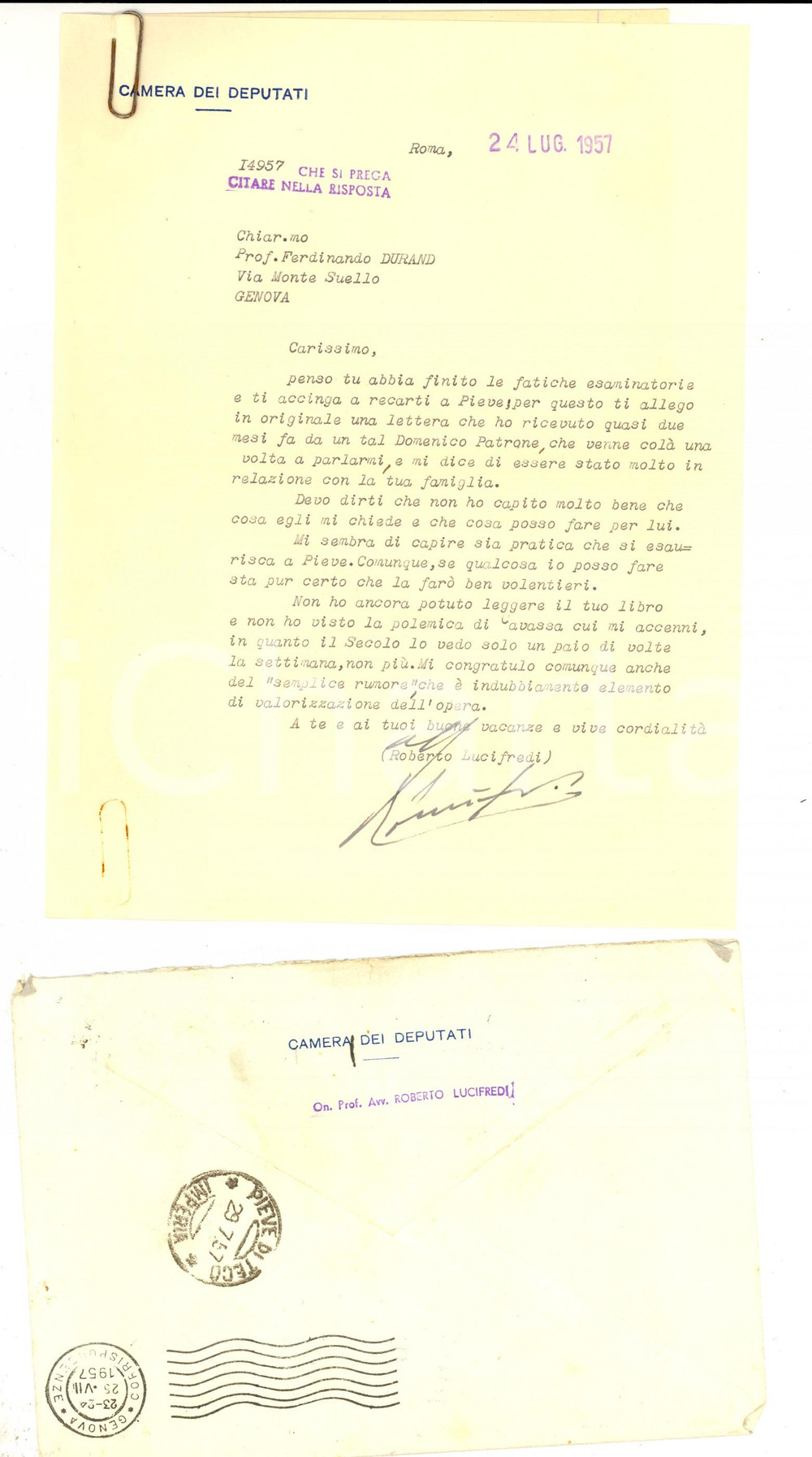 Autografo originale 1957 ROMA Roberto LUCIFREDI riceve lettera per raccomandazione Autografo 1
