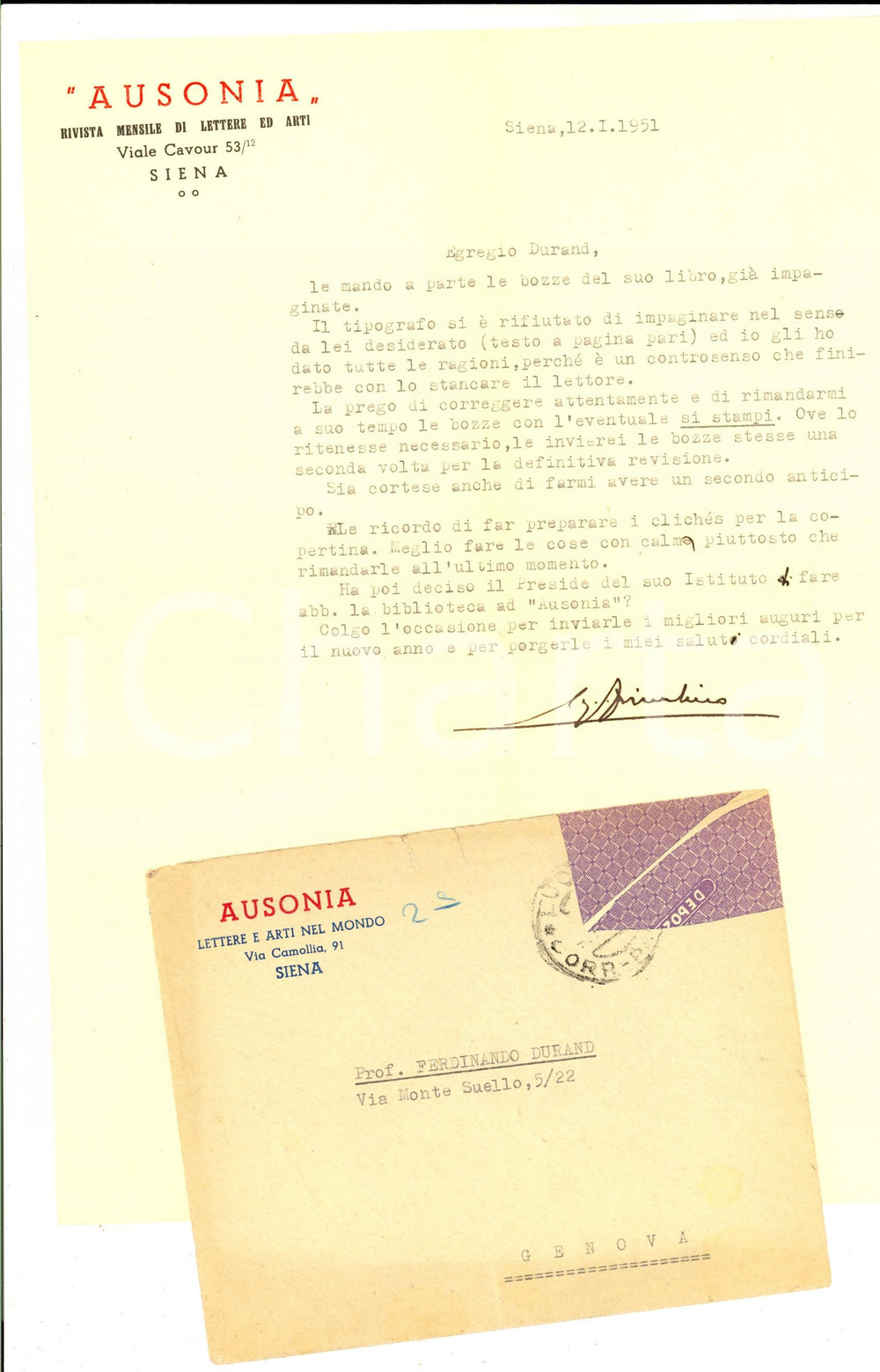 Autografo originale 1951 SIENA AUSONIA Luigi FIORENTINO approva modifiche del tipografo Autografo 1