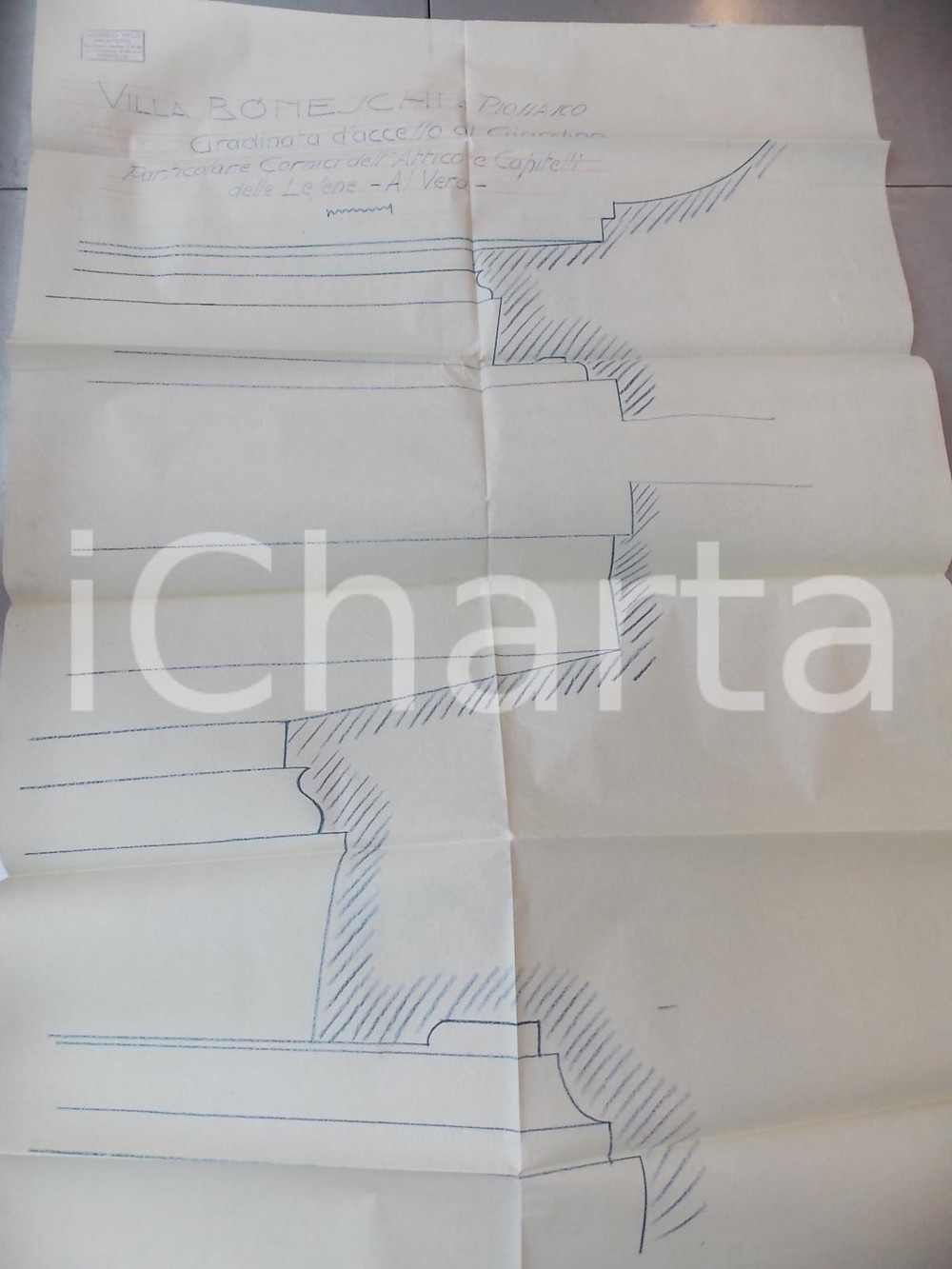 Stampa, bozzetto originale 1928 PIOSSASCO VILLA BONESCHI Gradinata giardino  cornici Arch. Armando MELIS 1