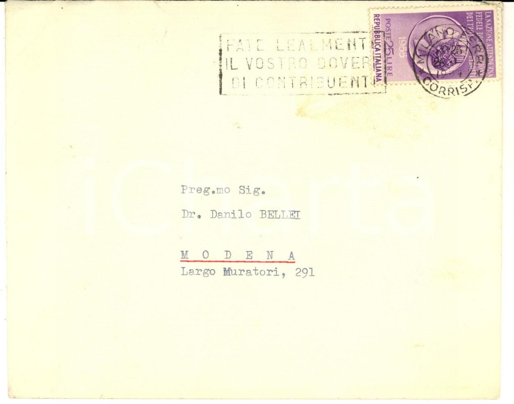Materiale pubblicitario d’epoca 1955 STORIA POSTALE Busta affrancata PROPAGANDA DENUNCIA REDDITI Viaggiata 1