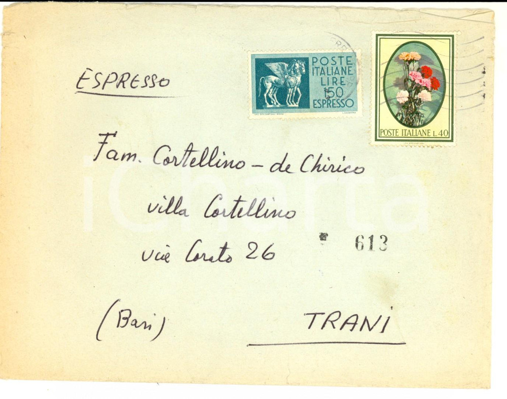 Cartolina originale da collezione 1966 STORIA POSTALE REPUBBLICA Busta affrancata L. 50 espresso + L. 40 floreale 1