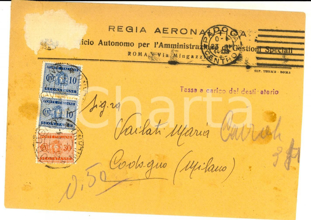 Materiale pubblicitario d’epoca 1944 STORIA POSTALE REGIA AERONAUTICA Busta cent.10 + cent. 30 segnatasse 1