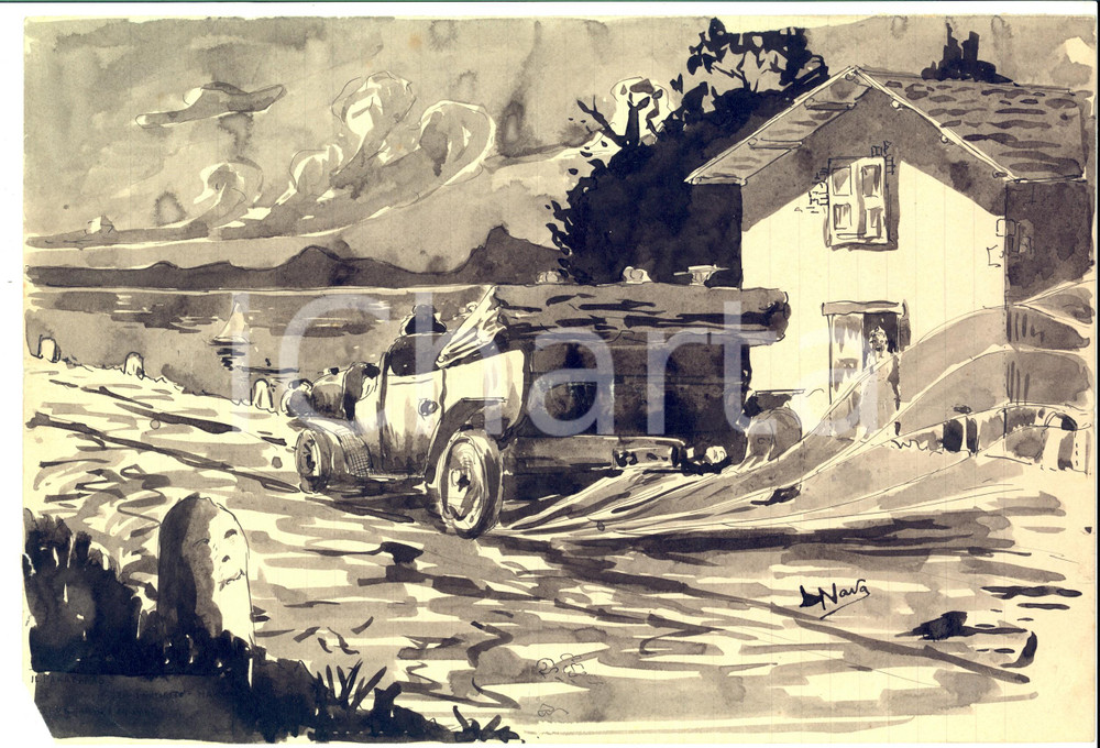 Opera d’arte autentica 1950 ca ARTE L addio dell automobilista Disegno ill. NAVA china e acquerello 1