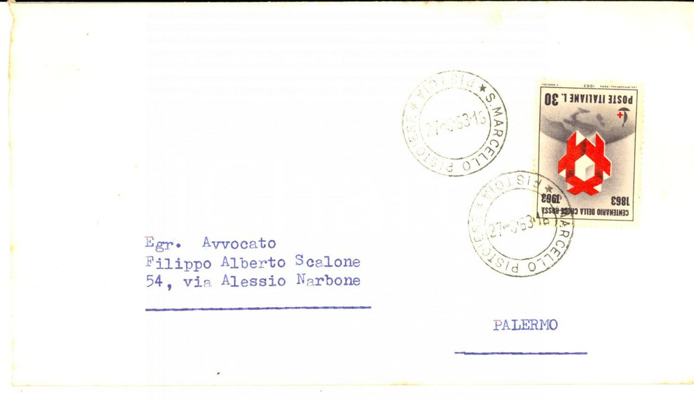 Materiale pubblicitario d’epoca 1963 STORIA POSTALE REPUBBLICA Busta affrancata Centenario CROCE ROSSA 1