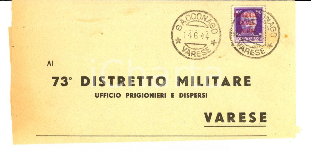 Cartolina originale da collezione 1944 STORIA POSTALE RSI SACCONAGO Modulo affrancato 50 cent. sovrastampa 1