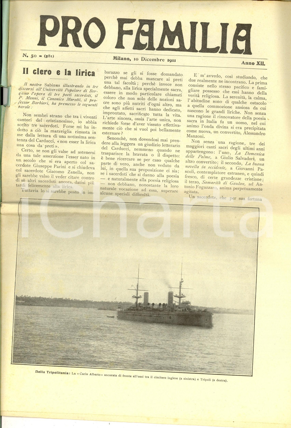 Giornale, rivista storica 1911 PRO FAMILIA Clero e lirica  Guerra nell EGEO Rivista anno XII nÂ° 50 1