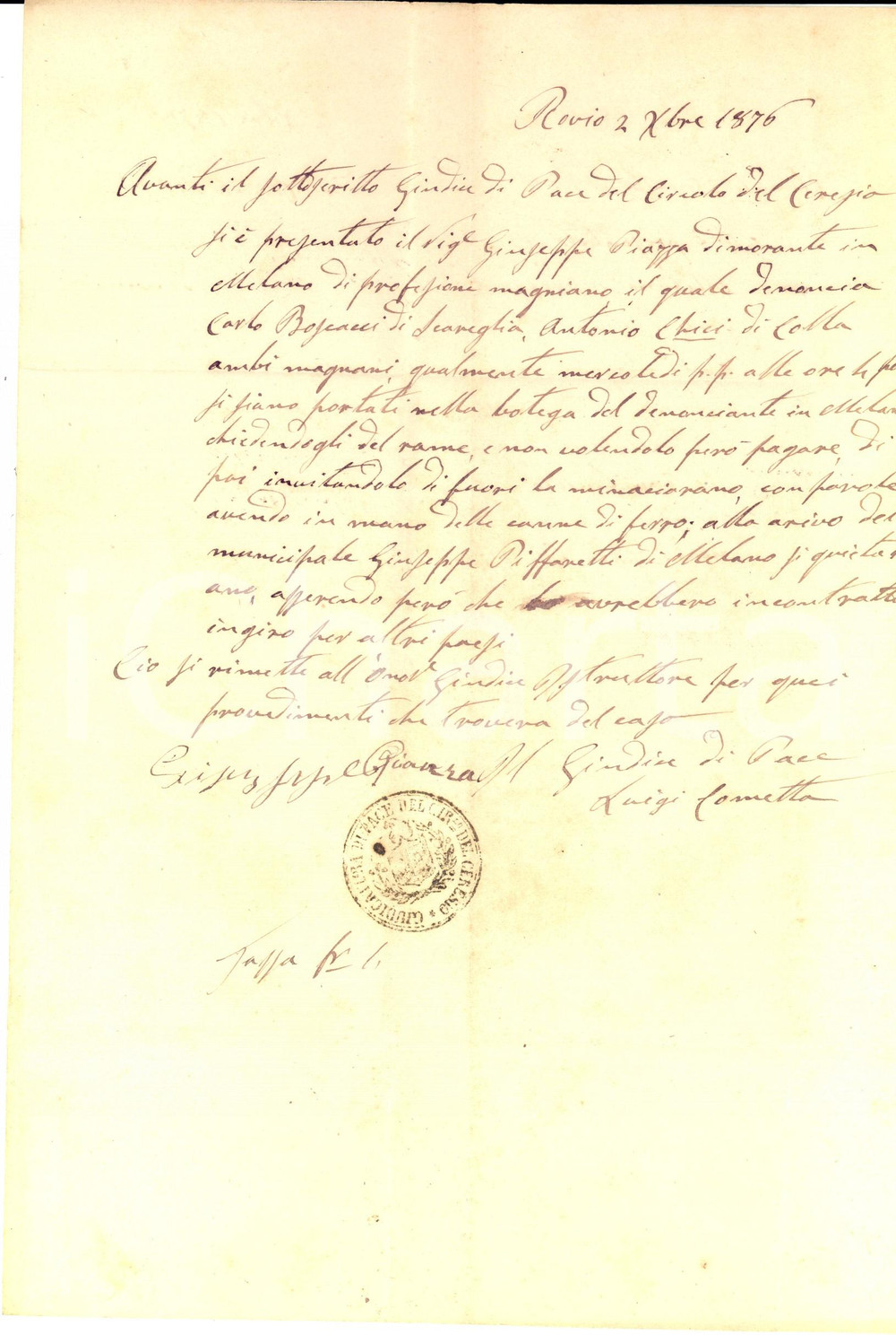 Documento originale, autentico 1876 ROVIO CH Commerciante Giuseppe PIAZZA derubato e minacciato con spranghe 1