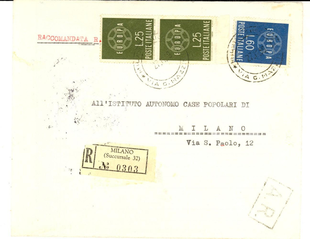 Materiale pubblicitario d’epoca 1959 STORIA POSTALE REPUBBLICA Busta raccomandata L. 25 + L. 60 EUROPA 1