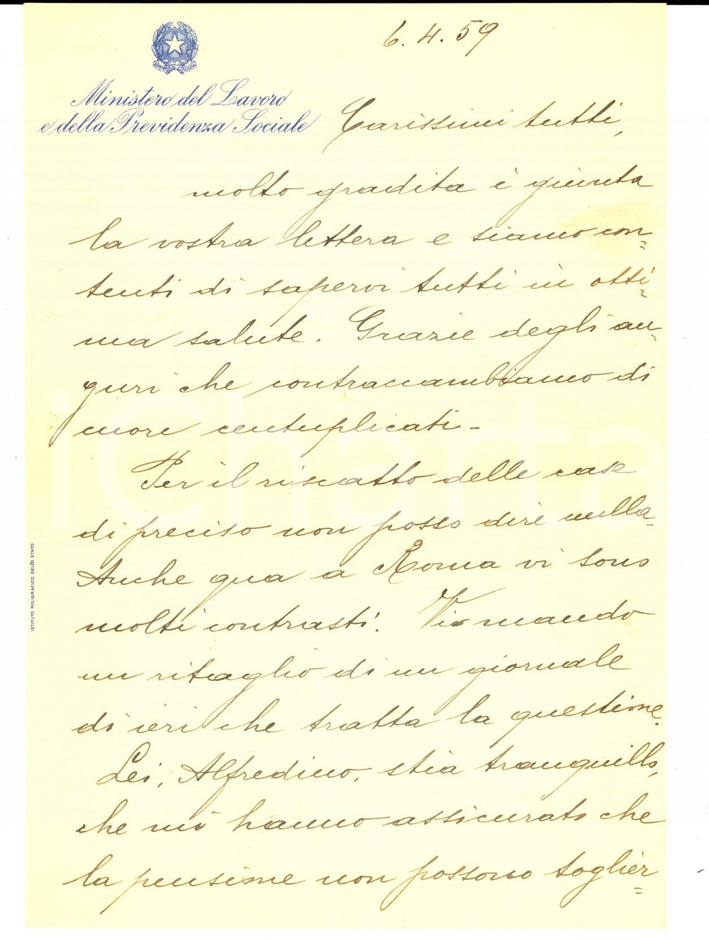 Manoscritto, lettera originale 1959 ROMA MINISTERO DEL LAVORO Lettera funzionario MACCHI per riscatto case 1