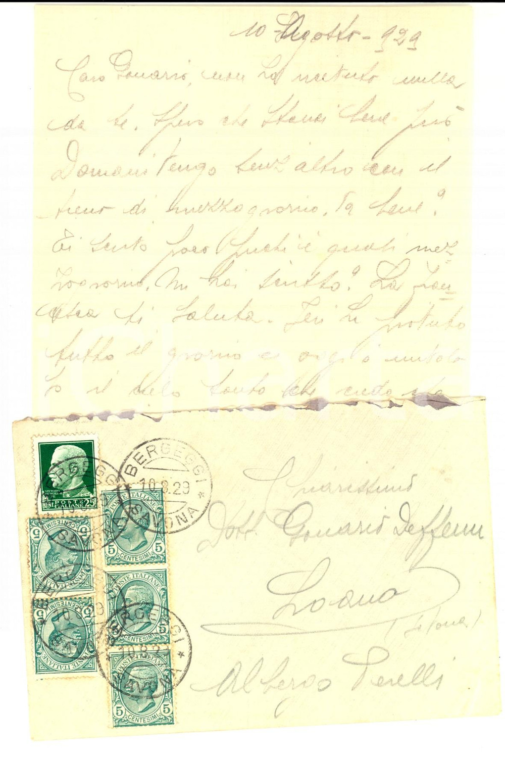 Manoscritto, lettera originale 1929 BERGEGGI Lettera a Gonario DEFFENU dalla moglie 5 cent. + imperiale 1