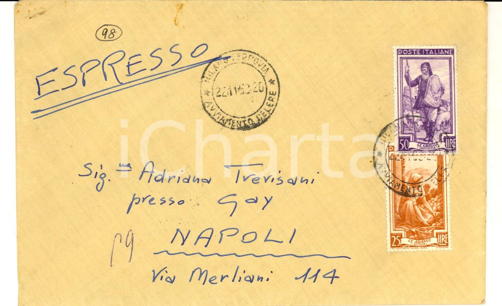 Oggetto da collezione cartaceo 1953 STORIA POSTALE REPUBBLICA Busta affrancata ITALIA AL LAVORO L. 50 + L. 25 1