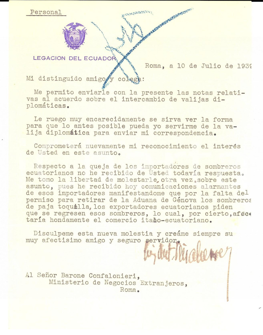 Manoscritto, lettera originale 1939 ROMA LEGACION DEL ECUADOR Invio valigia diplomatica al barone CONFALONIERI 1