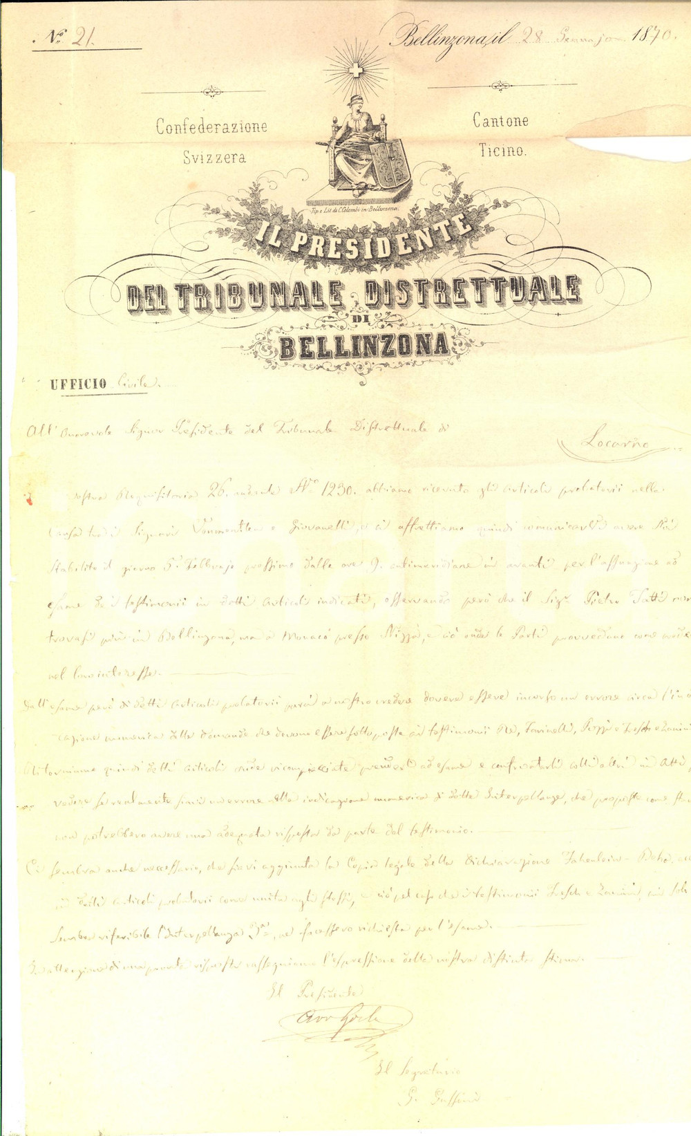 Documento originale, autentico 1870 BELLINZONA CH Lettera su testimoni processo VON MENTLEN  GIOVANELLI 1