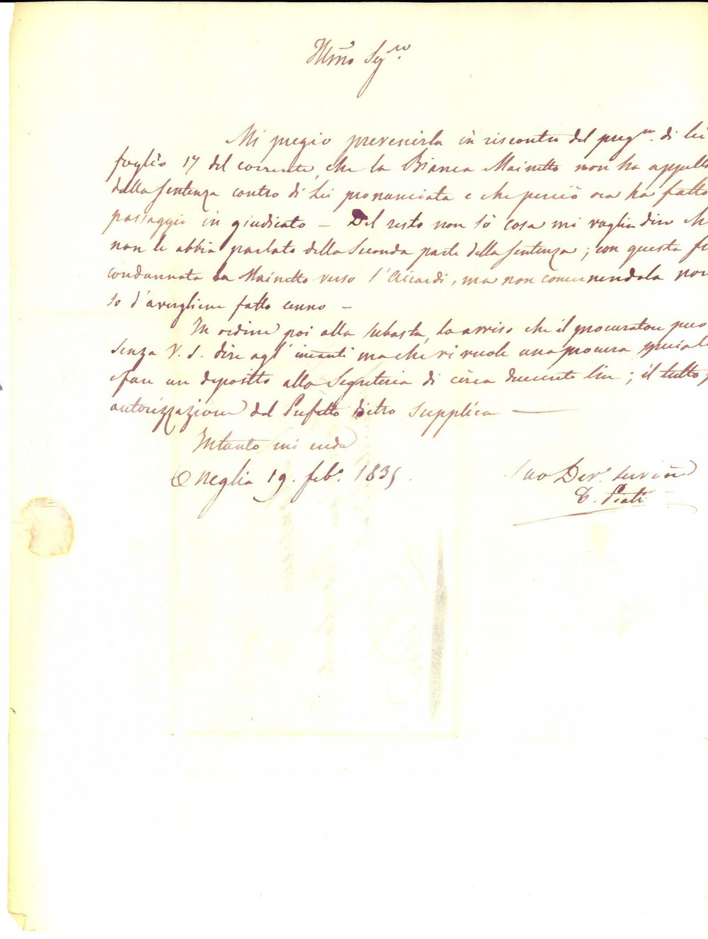 Manoscritto, lettera originale 1835 ONEGLIA Avvocato Tommaso PIATTI sul mancato appello di Bianca MAINETTO 1
