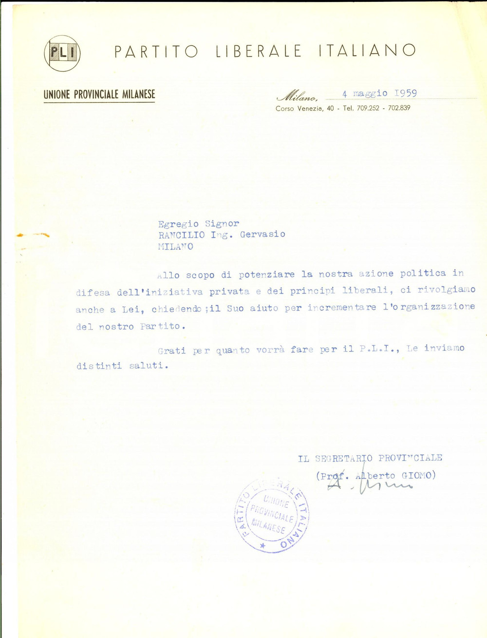 Autografo originale 1959 MILANO PARTITO LIBERALE Alberto GIOMO chiede contributo AUTOGRAFO 1