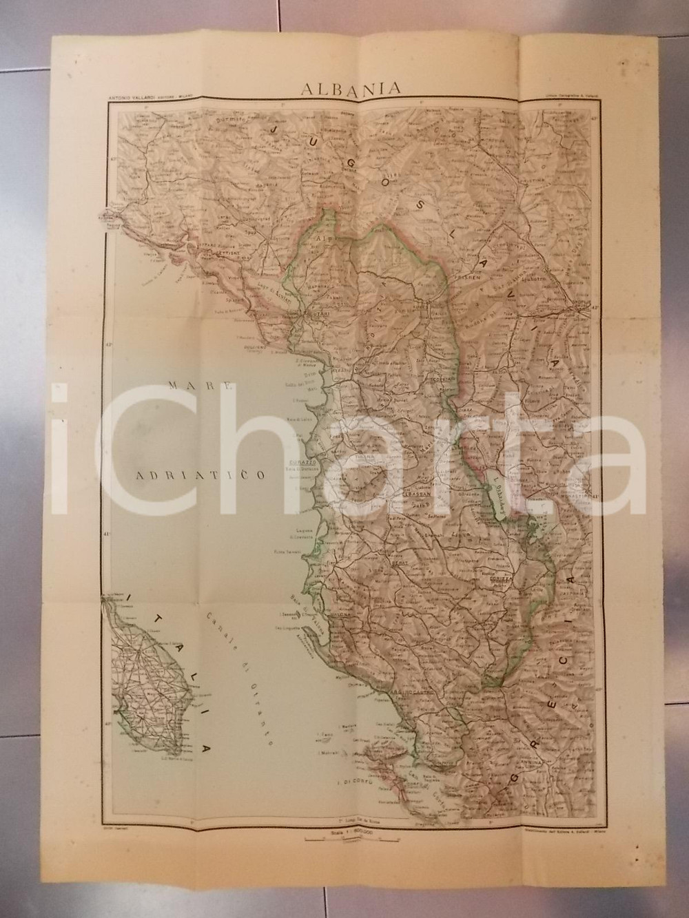 Mappa, planimetria storica 1950 ca ALBANIA Carta geografica 60x75 cm Ed. Antonio VALLARDI MILANO 1