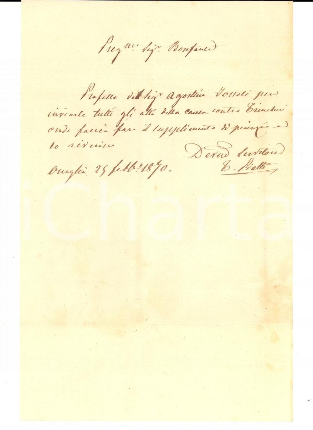 1870 ONEGLIA Tommaso PIATTI annuncia invio atti a Giovanni Battista BONFANTE