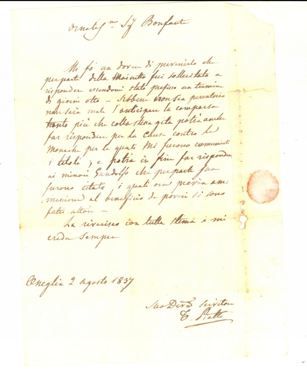 Manoscritto, lettera originale 1837 ONEGLIA Lettera avvocato Tommaso PIATTI per una causa contro le monache 1
