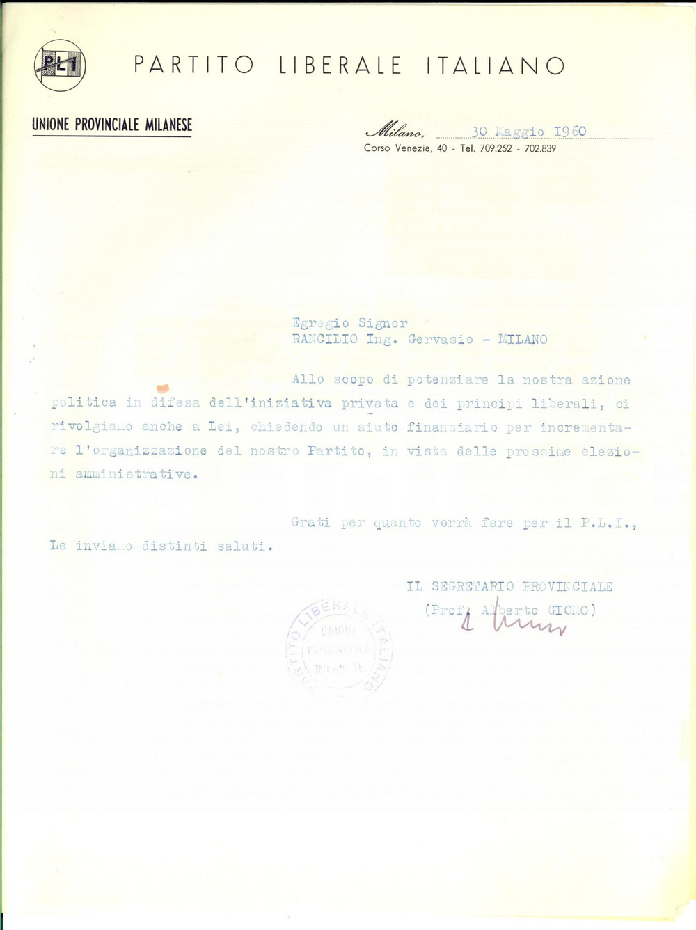 Autografo originale 1960 MILANO PARTITO LIBERALE Alberto GIOMO chiede sostegno economico AUTOGRAFO 1