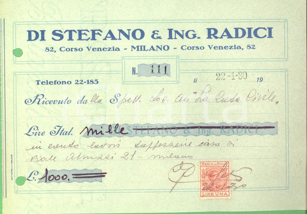 Documento originale, autentico 1930 MILANO Ditta DI STEFANO & Ing. RADICI  Ricevuta per lavori tappezzerie 1