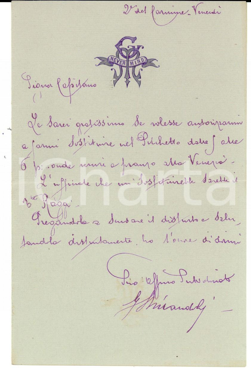 Manoscritto, lettera originale 1880 ca REGIO ESERCITO Ufficiale G. MIRANDOLI chiede sostituzione nel picchetto 1