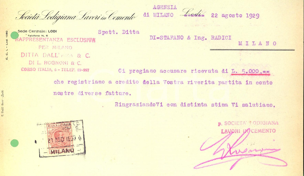 Documento originale, autentico 1929 LODI SocietÃ  Lodigiana lavori in cemento Ricevuta a credito di partita 1