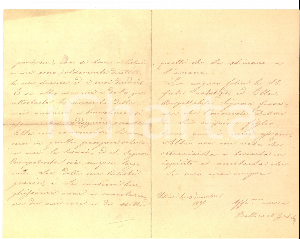 Manoscritto, lettera originale 1890 UDINE Lettera augurale di Maria Gertrude BALLICO alla famiglia BORGHETTI 1