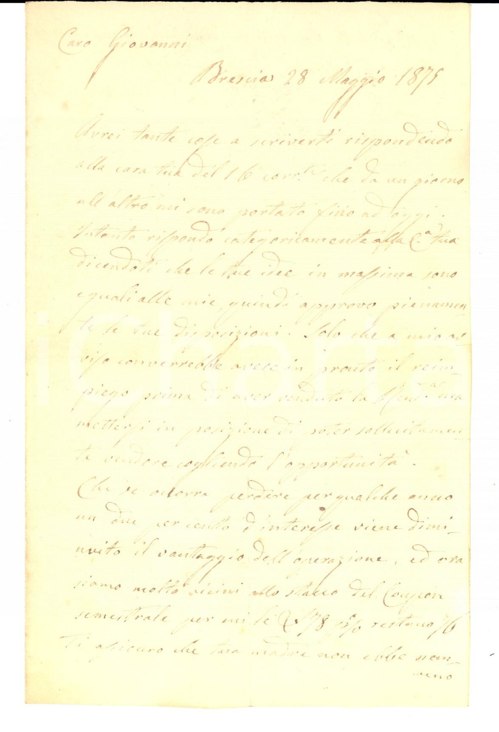 Manoscritto, lettera originale 1875 BRESCIA Lettera a Giovanni BORGHETTI dallo zio su affari di famiglia 1