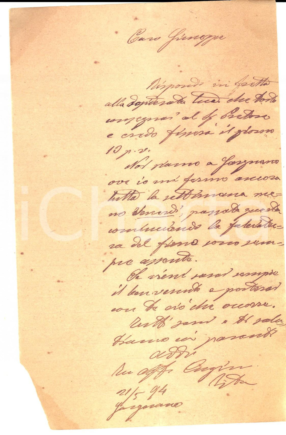 Manoscritto, lettera originale 1894 GARGNANO BS Lettera familiare a Giuseppe BORGHETTI dalla cugina Rita 1