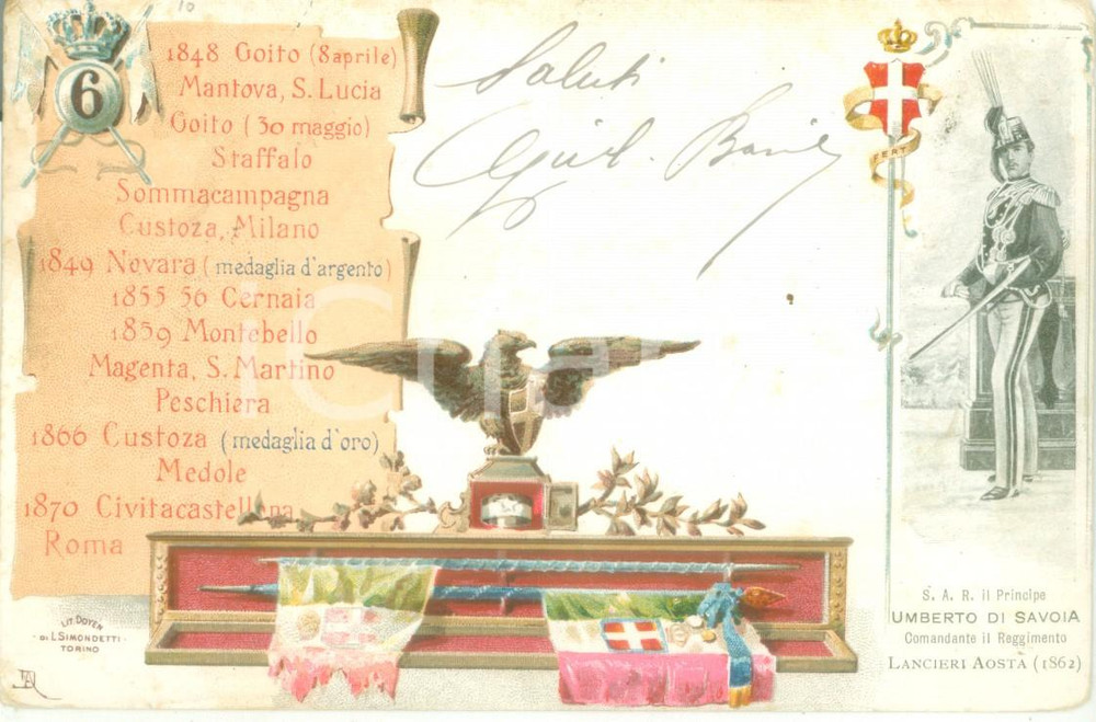 Cartolina originale da collezione 1900 ca 6Â° Reggimento Lancieri AOSTA Umberto di SAVOIA Cartolina FP VG 1