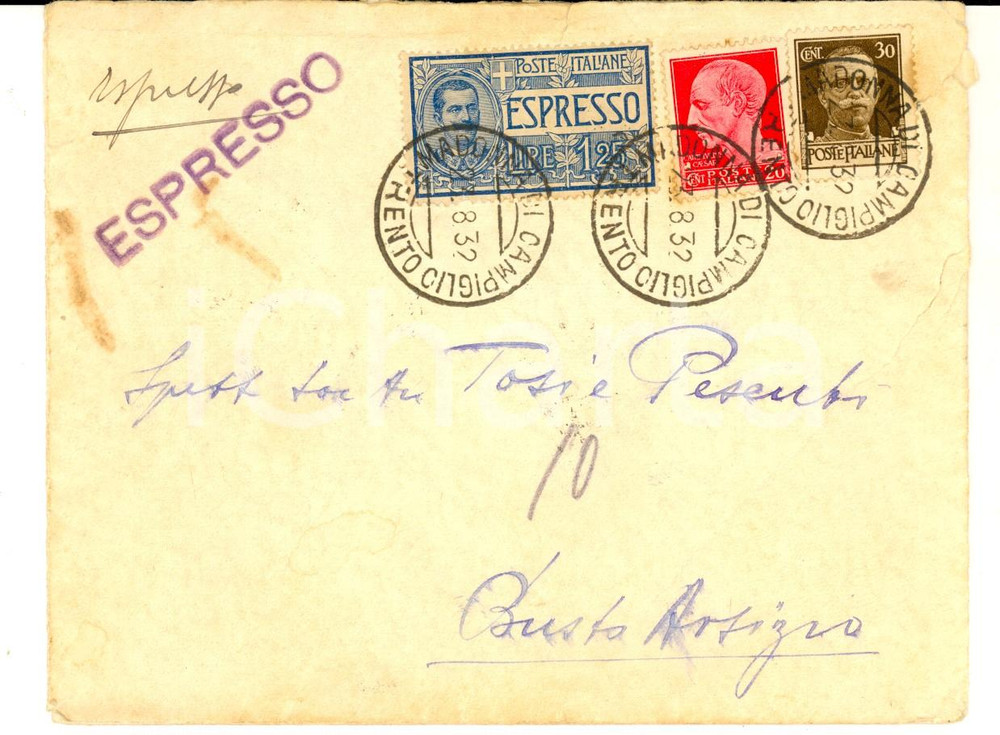 Materiale pubblicitario d’epoca 1932 STORIA POSTALE MILANO Busta Franco CALCATERRA Espresso L. 1,25 + imperiale 1