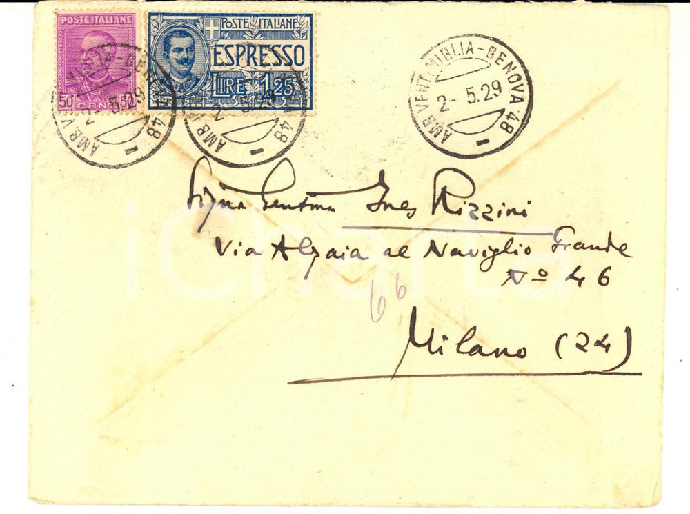 Materiale pubblicitario d’epoca 1929 STORIA POSTALE VENTIMIGLIA Busta affrancata espresso L. 1,25 + cent 50 1