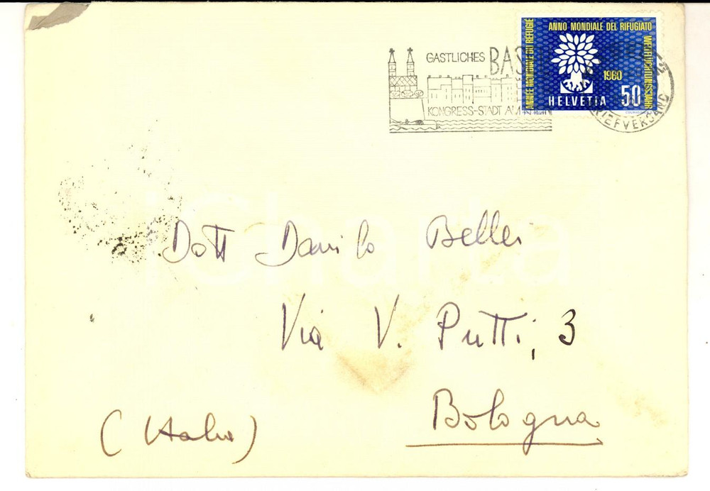 Documento originale, autentico 1960 STORIA POSTALE SVIZZERA Busta affrancata ANNO MONDIALE DEL RIFUGIATO 1