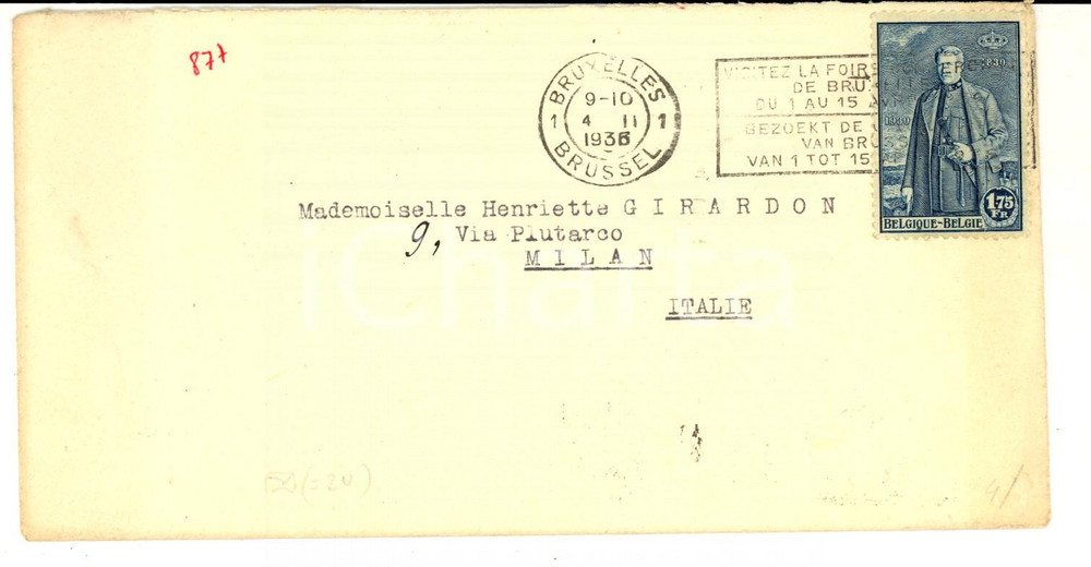 Cartolina originale da collezione 1936 BELGIQUE Enveloppe timbre centenaire de l indÃ©pendance   Albert 1er 1