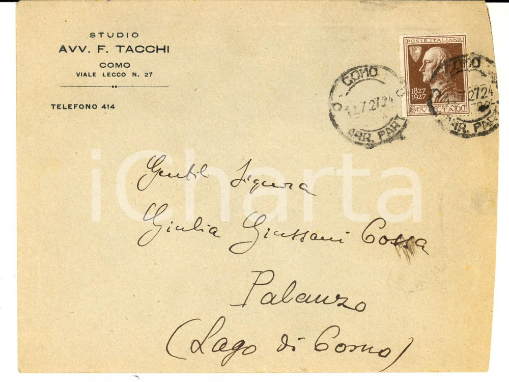 Materiale pubblicitario d’epoca 1927 STORIA POSTALE COMO Busta avv. TACCHI Onoranze a Volta 60 cent. isolato 1