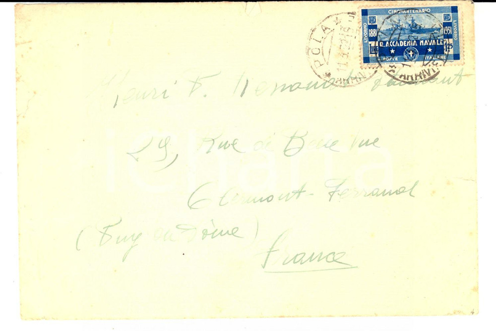Materiale pubblicitario d’epoca 1932 STORIA POSTALE Busta affrancata cinquantenario Accademia Navale LIVORNO 1